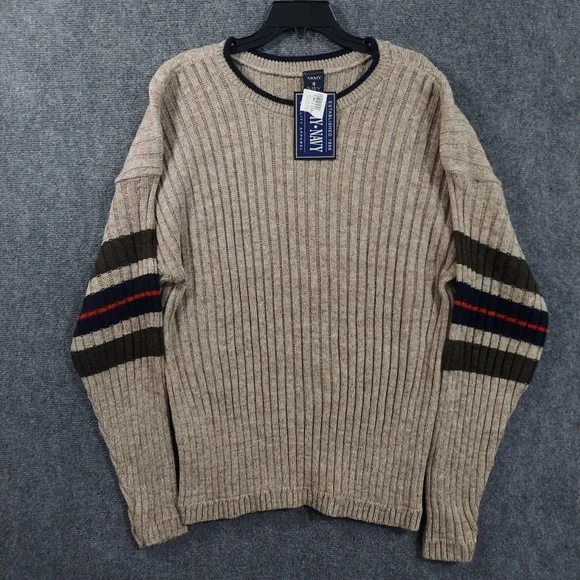Army Navy Sweater Mens Large Beige Acrylic Striped Sleeve Crewneck Knit Pullover