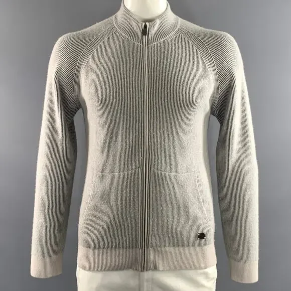 CORNELIANI Size L Grey Ribbed Knit Cashmere Cotton Full Zip Jacket