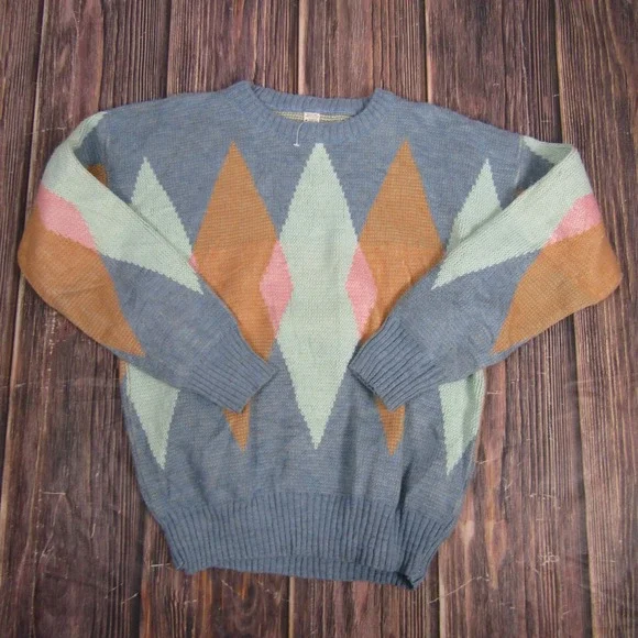 Vintage Geometric Sweater Mens Large‎ Blue Brown Wool Acrylic Crewneck Italy 80s