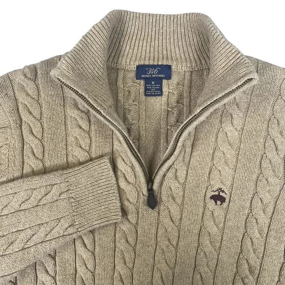 Brooks Brothers Quarter Zip Sweater Mens Medium Tan Cable Knit Merino Blend