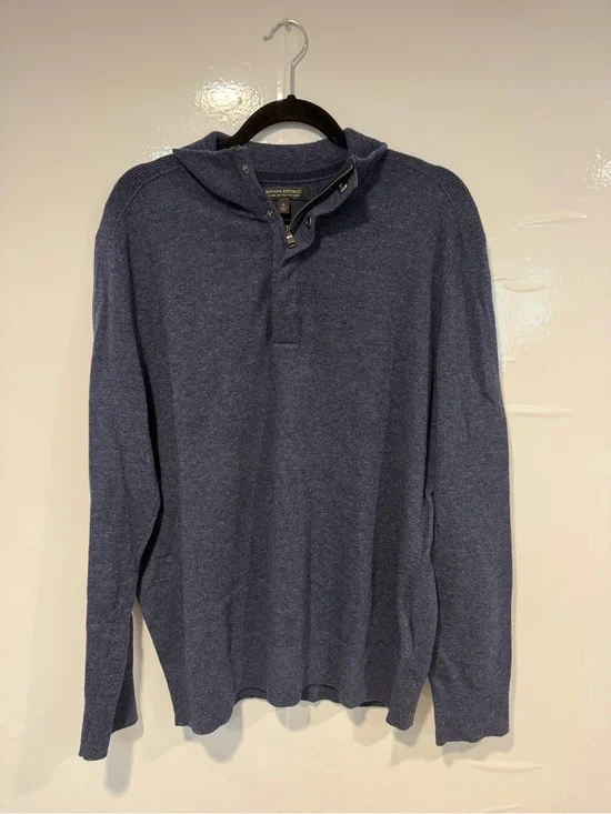 Banana Republic Italian Yarn Hooded Pullover Quarter Zip Sweater - Heather Navy
