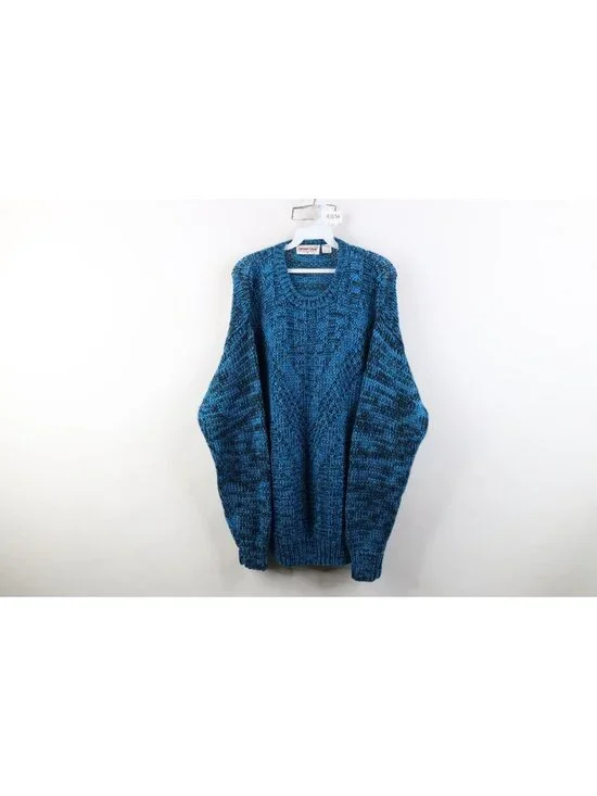 Vintage 90s Streetwear Mens Medium Chunky Crochet Knit Crewneck Sweater Blue
