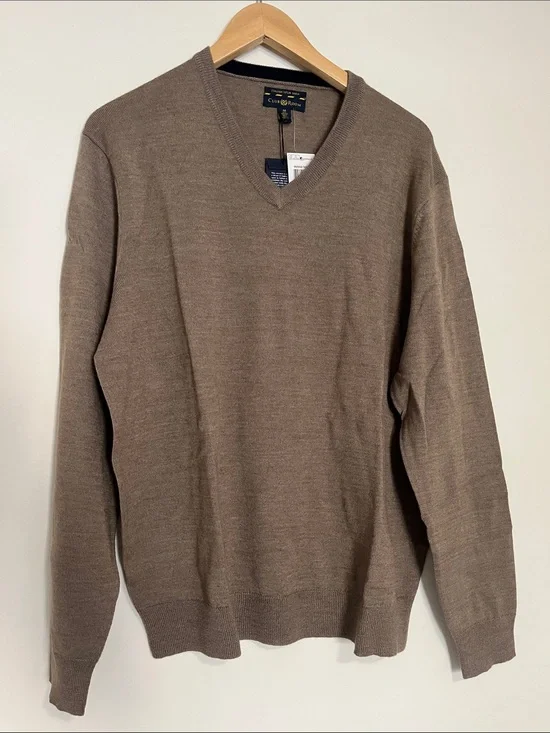 Club Room Merino Wool Blend Tan V-Neck Sweater Medium NWT