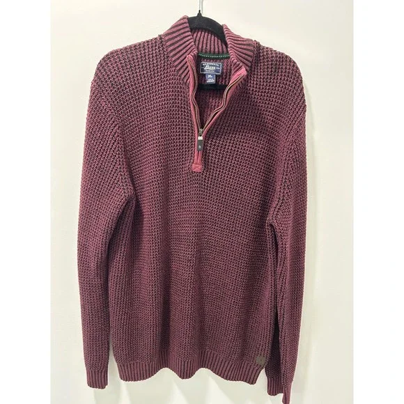 GH Bass & Co Mens XL Burgundy Waffle Knit Quarter Zip Mock Neck Sweater Pullover