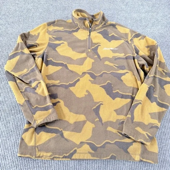 Eddie Bauer Camo Fleece Quarter Zip Pullover Men Medium Brown Yellow Camouflage