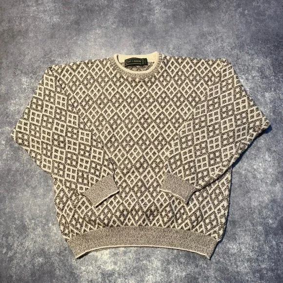 Vintage Croft‎ & Barrow Mens Large Geometric Knit Cotton Sweater Tan Brown USA