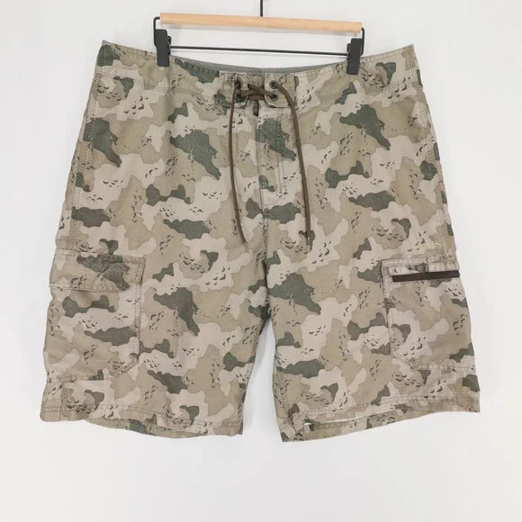 Simms Board Shorts Mens XL Beige Camo Cargo Fishing Drawstring Quick Dry