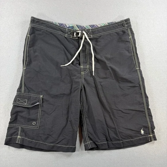 Polo Ralph Lauren Board Shorts Mens 34 Black Cargo Pocket Swim Trunks Beach Surf