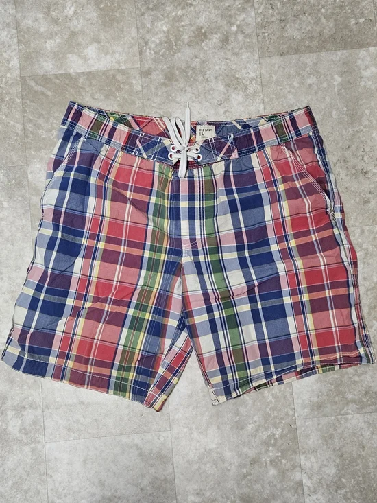 Old Navy Mens Plaid Madras Swim Trunks Board Shorts Size L Mesh Lined Nantucket