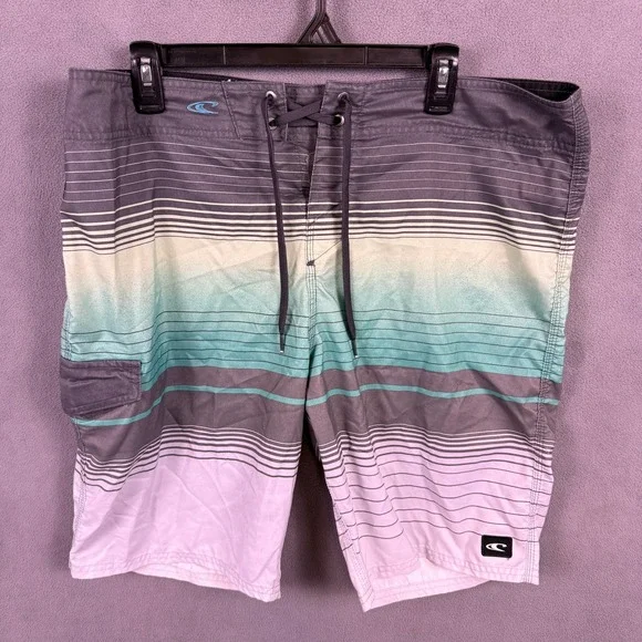 O'Neill Board Shorts Mens 36 Gray Teal Ombre Striped Surfing Swim Trunks