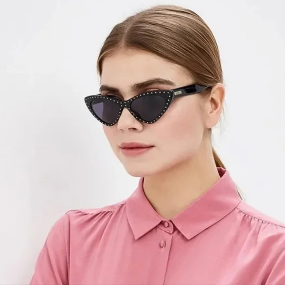 MOSCHINO NWT Chic Black Cat Eye Gold Studded Sunglasses