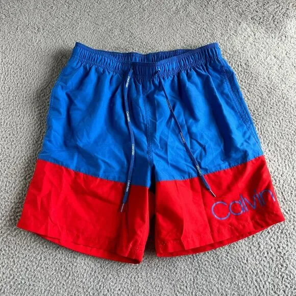 NEW Calvin Klein Swim Trunks Mens Medium Red Blue Board Shorts Beach Preppy Surf