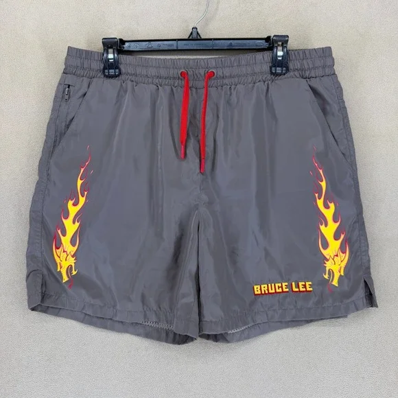 Bruce Lee‎ The Dragon Shorts Gray Flame Print Athletic Trunks Men's Large