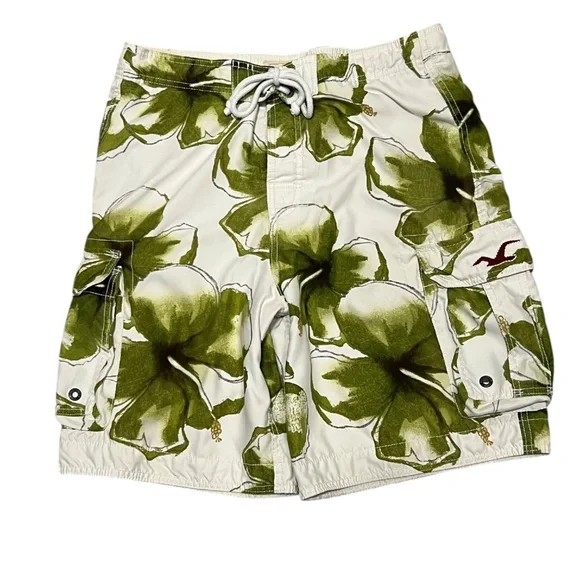 HOLLISTER Lined Swim Board Shorts Green/White Floral M Cargo Pockets VGUC