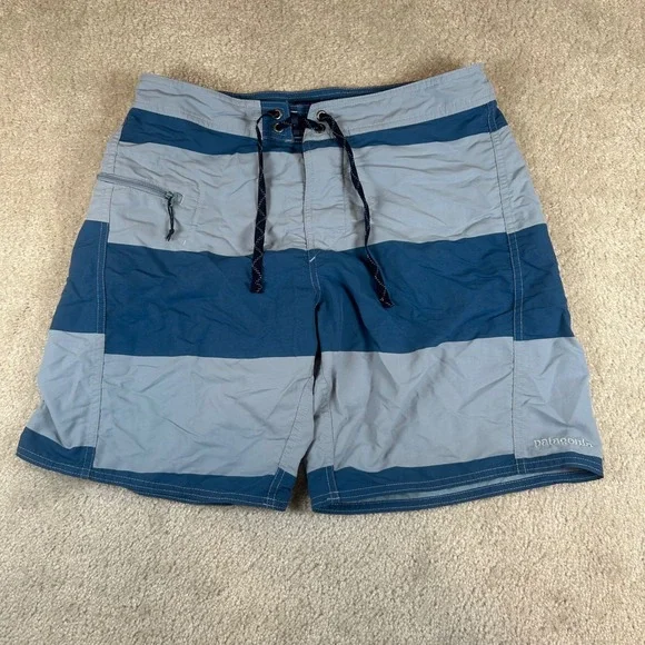 Patagonia Board Shorts Mens 30 Blue Striped Nylon Swim Trunks Side Zip Pocket