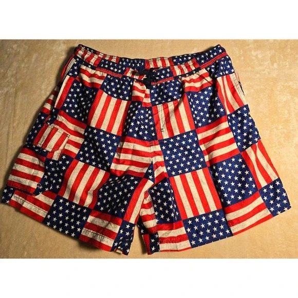 Islander Mens XL American Flag Swim Trunks Stars Stripes Cargo Pocket Red‎ Blue