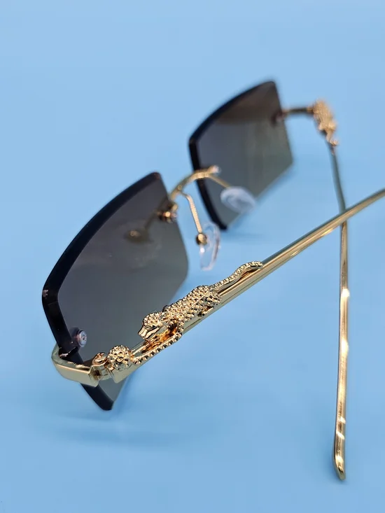 Gold Crocodile Trim Rimless Sunglasses - Black Lenses