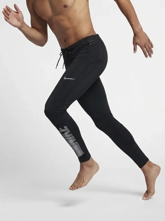 Men's Nike Running Dri-FIT Leggings Black Large Reflective Logo Drawstring Activ