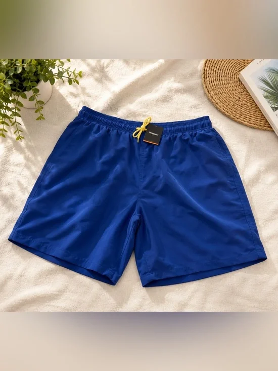 Men's Cobalt Blue Swim Trunks with Yellow Drawcord