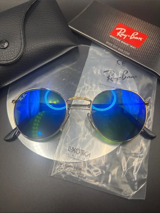 Ray-Ban RB3447 Round Gold Sunglasses Blue Green Mirror Lenses