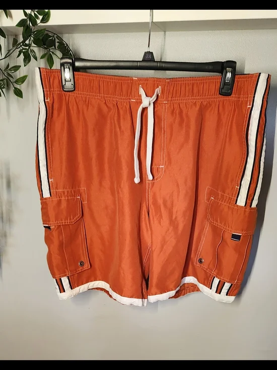 Sonoma Swim Shorts with Mesh Lining Orange & Navy with White Stripes - Men's Med