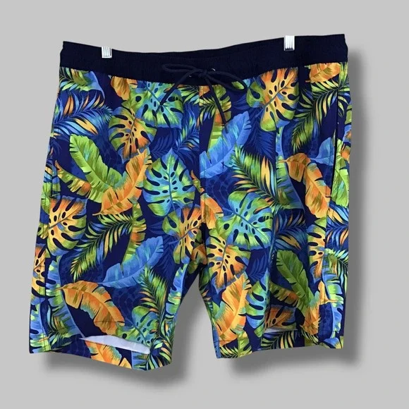 Hot Coals Mens XL Tropical Palm Leaf Swim‎ Trunks Blue Green Orange RN103658