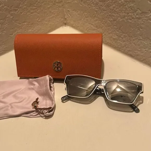 Tory Burch TY7207U Sunglasses Smoke Metallic Cream Trim Bold Futuristic Luxury