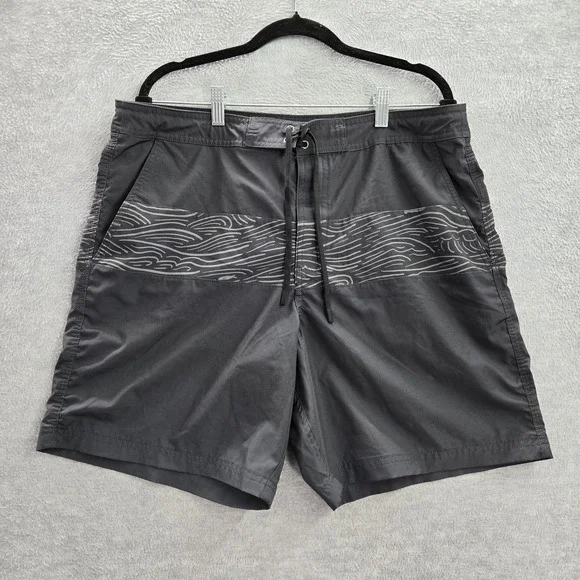 American Eagle Men‎ Swimwear L Gray Board Shorts Ocean Waves Pockets 8