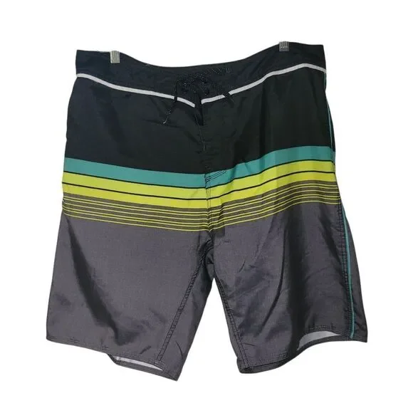 Burnside Black and Green Striped Swim Trunks