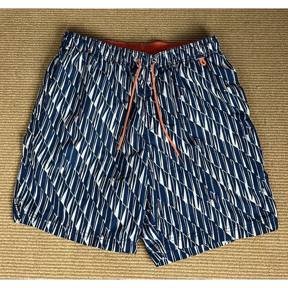Lands' End Swim Trunks Mens M Blue Geometri Print Lined Drawstring Pockets Beach