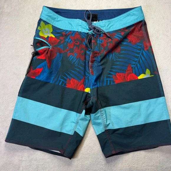 Burnside Mens Tropical Floral Striped Board Shorts Teal Blue Red Size 30 Surf