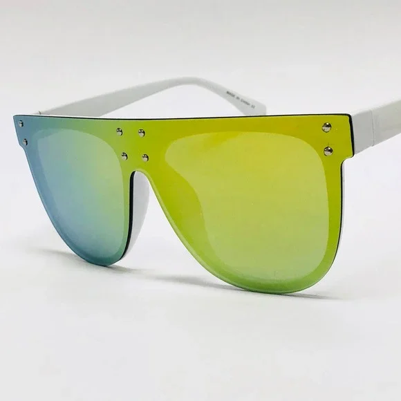 Flat Top Sunglasses Mirrored Shield Lens Studded Fashion Statement Sunnies Gafas