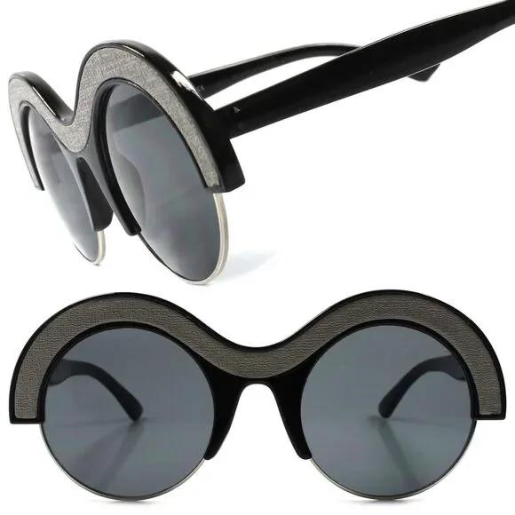 Designer Vintage Style Sexy Upscale Unique Womens Black Circle Round Sunglasses
