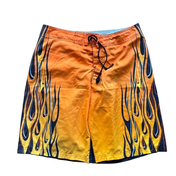 Vintage Y2K No Boundaries Flame Fire Board Shorts Size 34