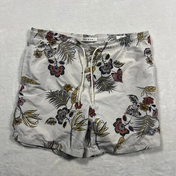 PacSun Mens Floral Tropical Swim Trunks Off White Size M Mesh Lined Board Shorts