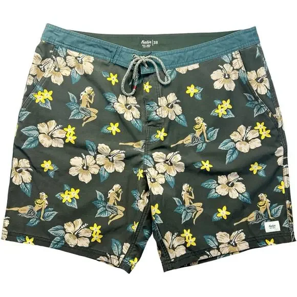 Mens Hawaiian Floral Katin Kaimana Hybrid Surf Beach Swim Suit Board Shorts 38x8