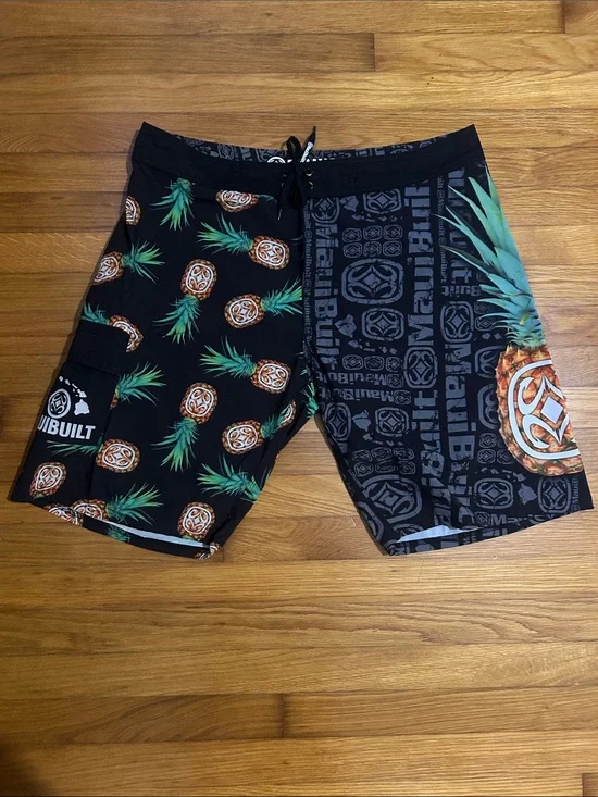 Maui Built Men's Black Pineapple Print Swim Boardshorts Sz 38