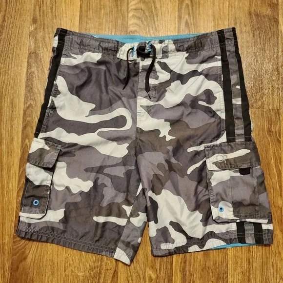 Vintage 90s Ocean Pacific Swim Trunks Men 32 Large Gray Camo Cargo‎ Mesh Lined