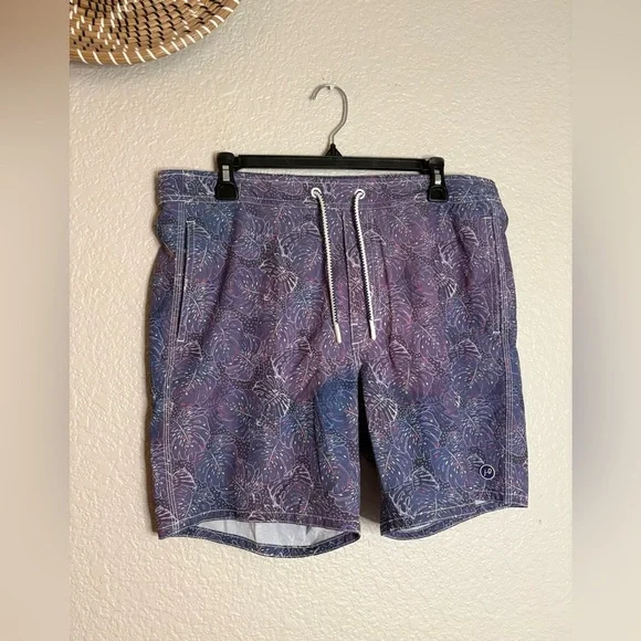Johnnie O Swim Trunks Mens Size Small Beach Lined Blue Leaf Print Swim