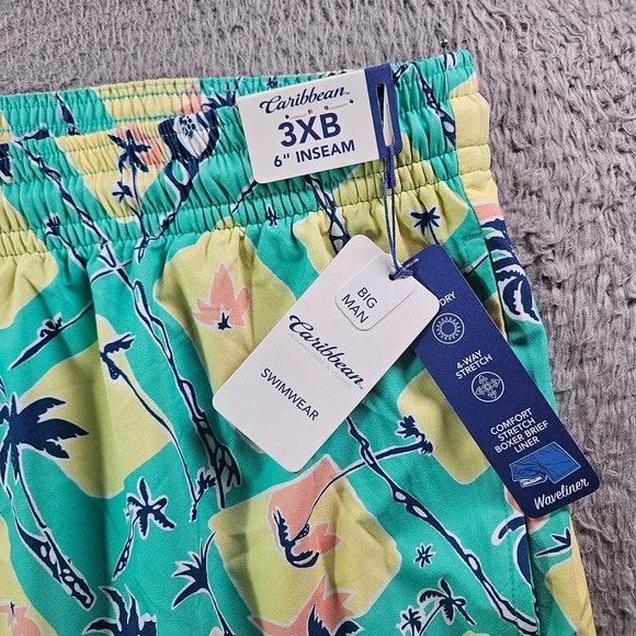 NWT Caribbean Swim Shorts Trunks Men's 3XB Lined Zip Pocket Palm Tree‎ Pineapple