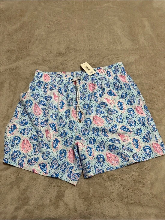 Simply Southern Light Blue Swim Shorts with Pink & Navy Print
