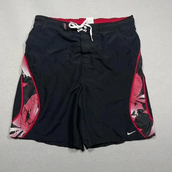 Nike Board Shorts Men Large Regular Black Red Vintage Y2K Graphic Swim Trunks