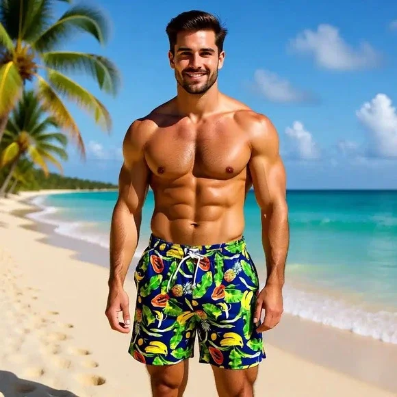 Trunks‎ Surf & Swim Co Mens Tropical Fruit Print Swim Shorts Blue Yellow Size M