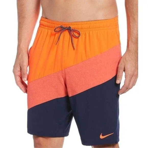 Nike Mens Size Small‎ Orange Navy Color Block Swim Trunks Board Shorts NESS9445