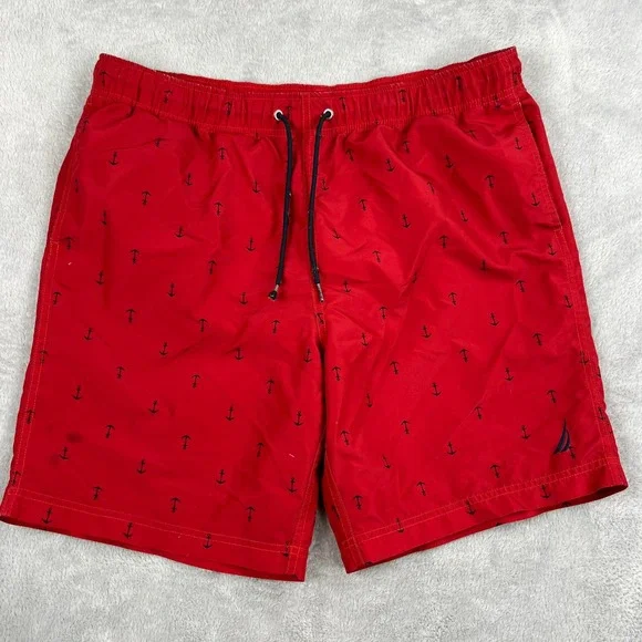 Nautica Anchor Print Swim Trunks L Red Men Nautical Beach Board Shorts