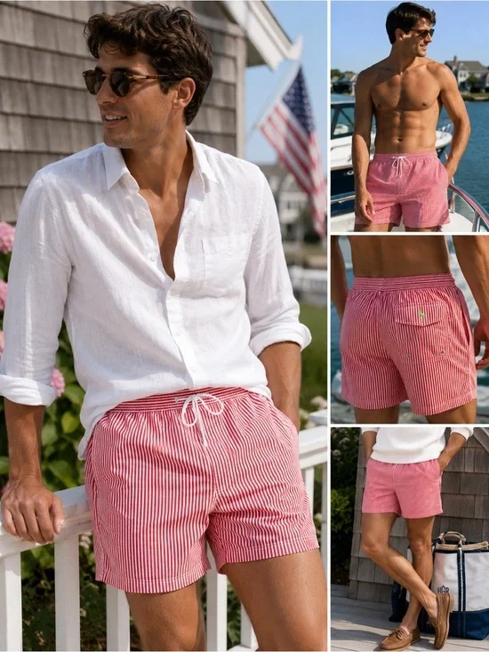 TailorByrd Red White Stripe Swim Trunks Coastal Prep Hamptons Resort Men’s Large