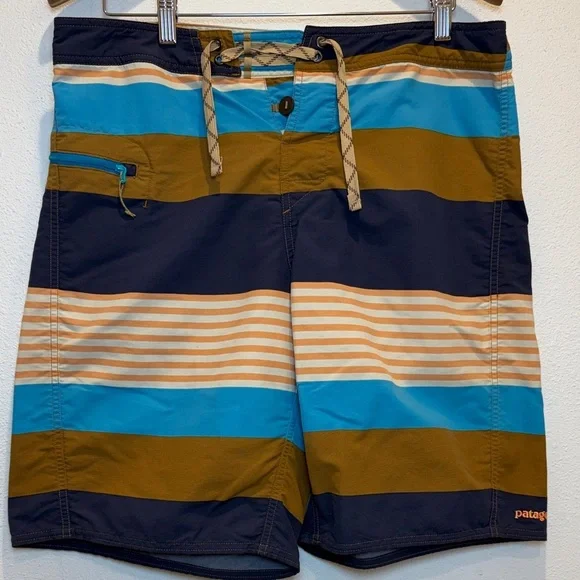 Patagonia Men’s Navy, Teal & Olive Striped Boardshorts