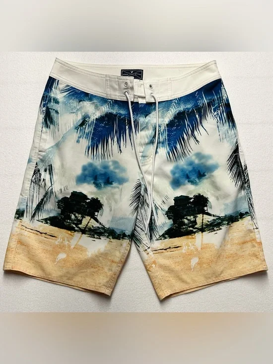 American Eagle Men’s Small Blue & White Palm‑Print Board Shorts – 10” Inseam
