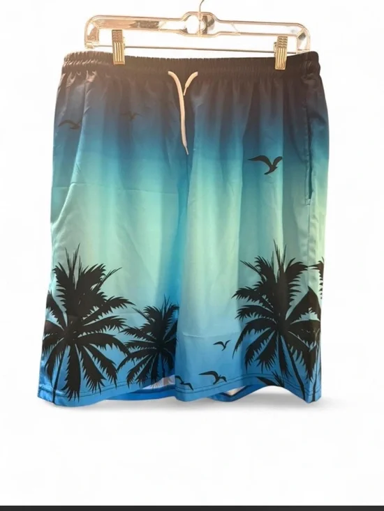 Men’s Ombre Blue Palm Tree Print Beach Shorts Swim Trunks XXL Tropical Resort