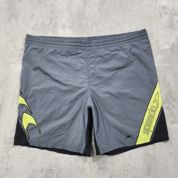 Speedo Swim Trunks Mens L Gray Yellow Colorblock Lined Quick Dry Beach Summer